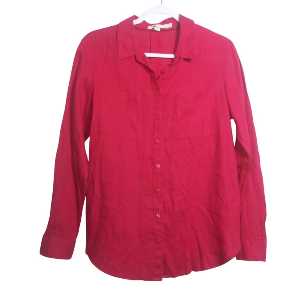 Boden Linen Natural Bright Pink Button Up Long Sleeve Office Casual Size 6